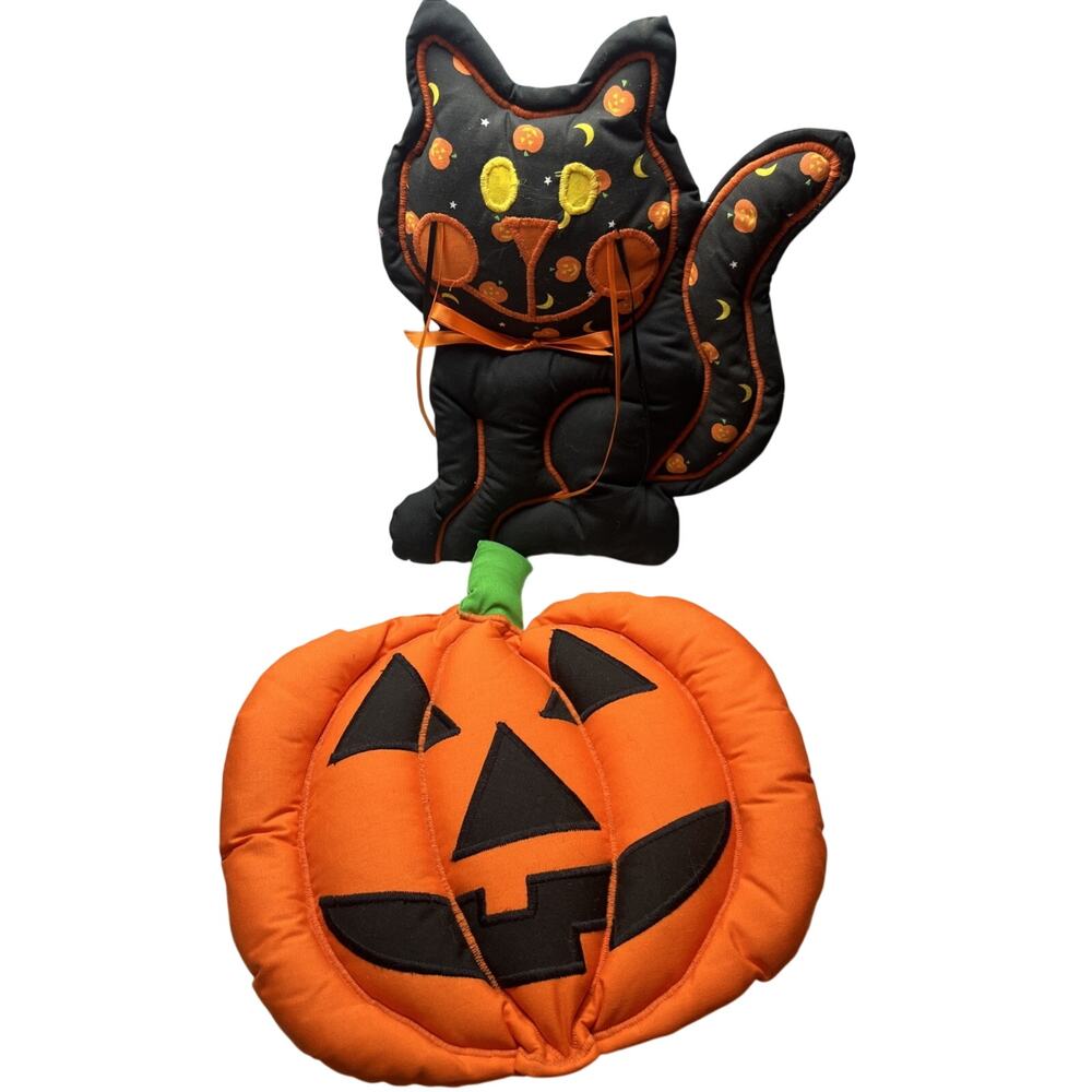 2 Vintage Plush Halloween Wall Hangings Cat and Jack-O-Lantern 1980s
